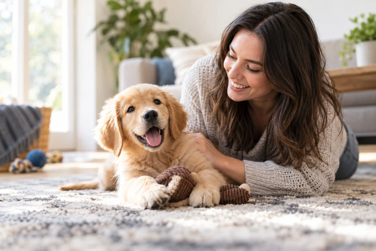 Owner sitting at home beside a dog
