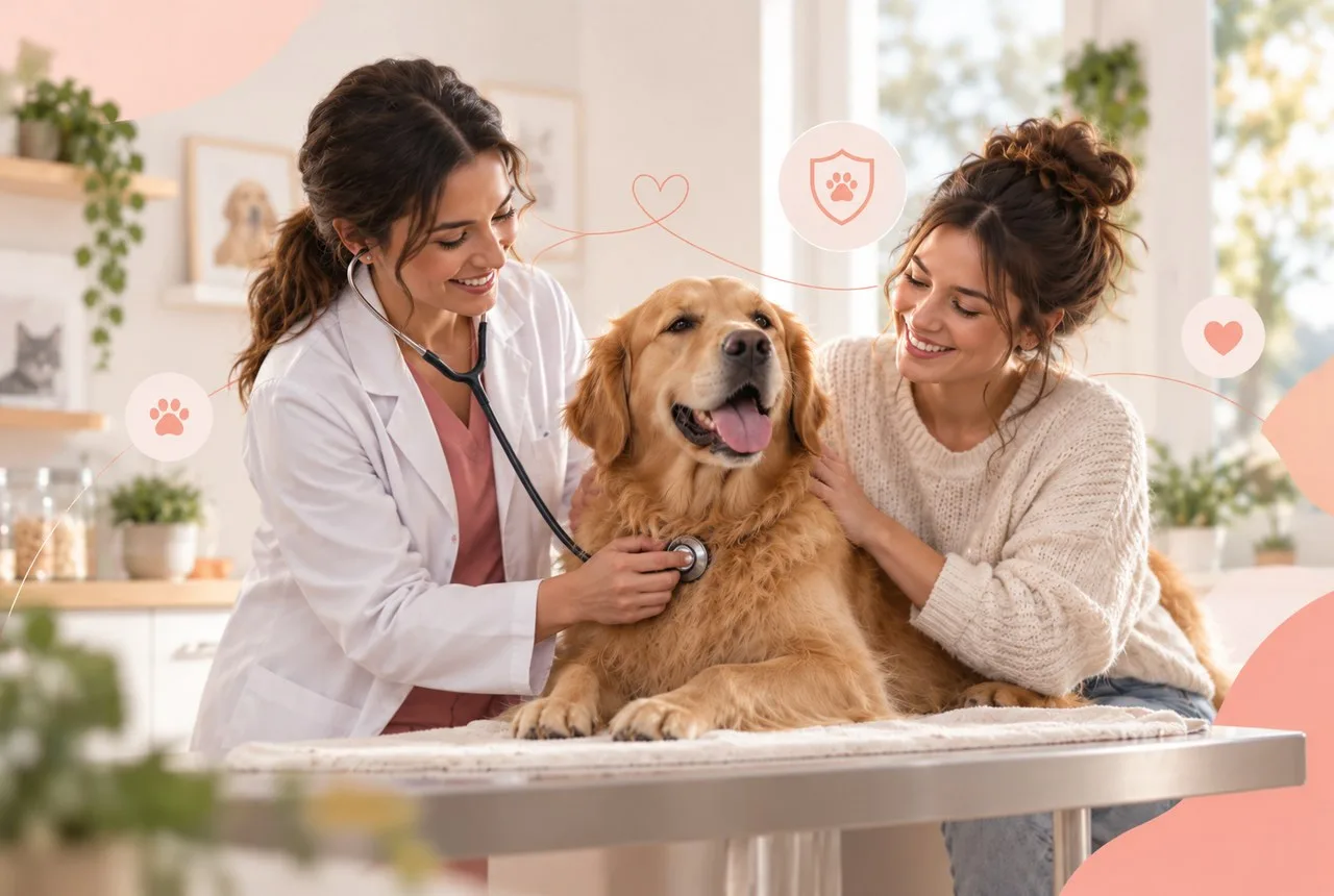 Veterinarian discussing care with an owner and dog in a clinic